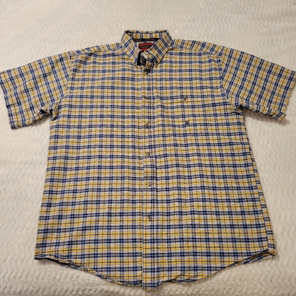 Wrangler Twenty X 20X Shirt Mens Button Down Yellow Blue Plaid Short Sleeve XL